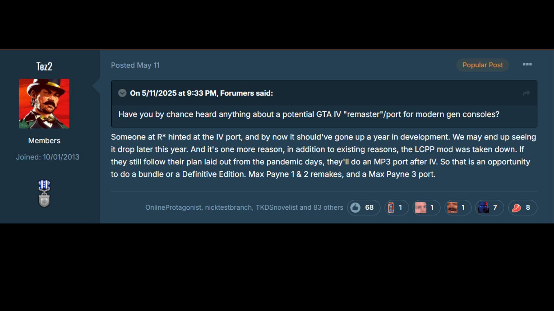 Tez2 suggests a GTA 4 port for modern consoles might come out later in 2025 (Image via GTAForums)